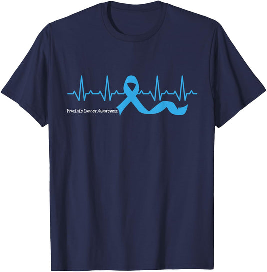 Heartbeat Light Blue Ribbon Prostate cancer awareness suppor T-Shirt - T-Shirt | Navy