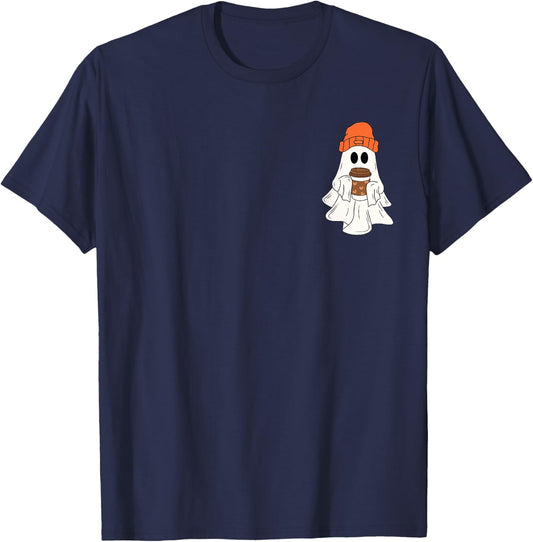 Cute Ghost Drinking Coffee Halloween Ghost Coffee Lover T-Shirt - T-Shirt | Navy