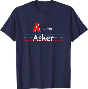 A Is For Asher, boys custom personalized name kids school T-Shirt - T-Shirt | Navy