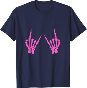 Skeleton Hand Horns Rock On Heavy Metal Women Back The Pink T-Shirt - T-Shirt | Navy