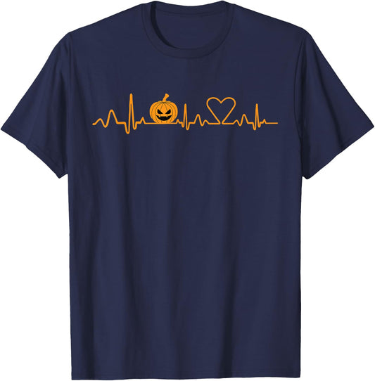 Pumpkin Heartbeat Halloween heart EKG ECG Beat Monitor T-Shirt - T-Shirt | Navy