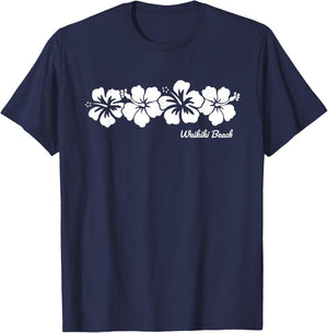 Waikiki Beach Hawaii Hibiscus Flower Souvenir T-Shirt - T-Shirt | Navy