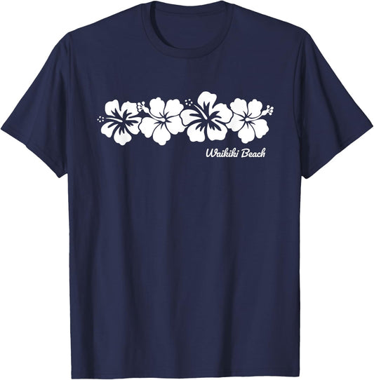 Waikiki Beach Hawaii Hibiscus Flower Souvenir T-Shirt - T-Shirt | Navy