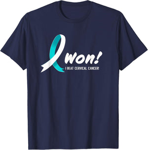 I Beat CERVICAL Cancer I Won Teal White Ribbon For Survivors T-Shirt - T-Shirt | Navy