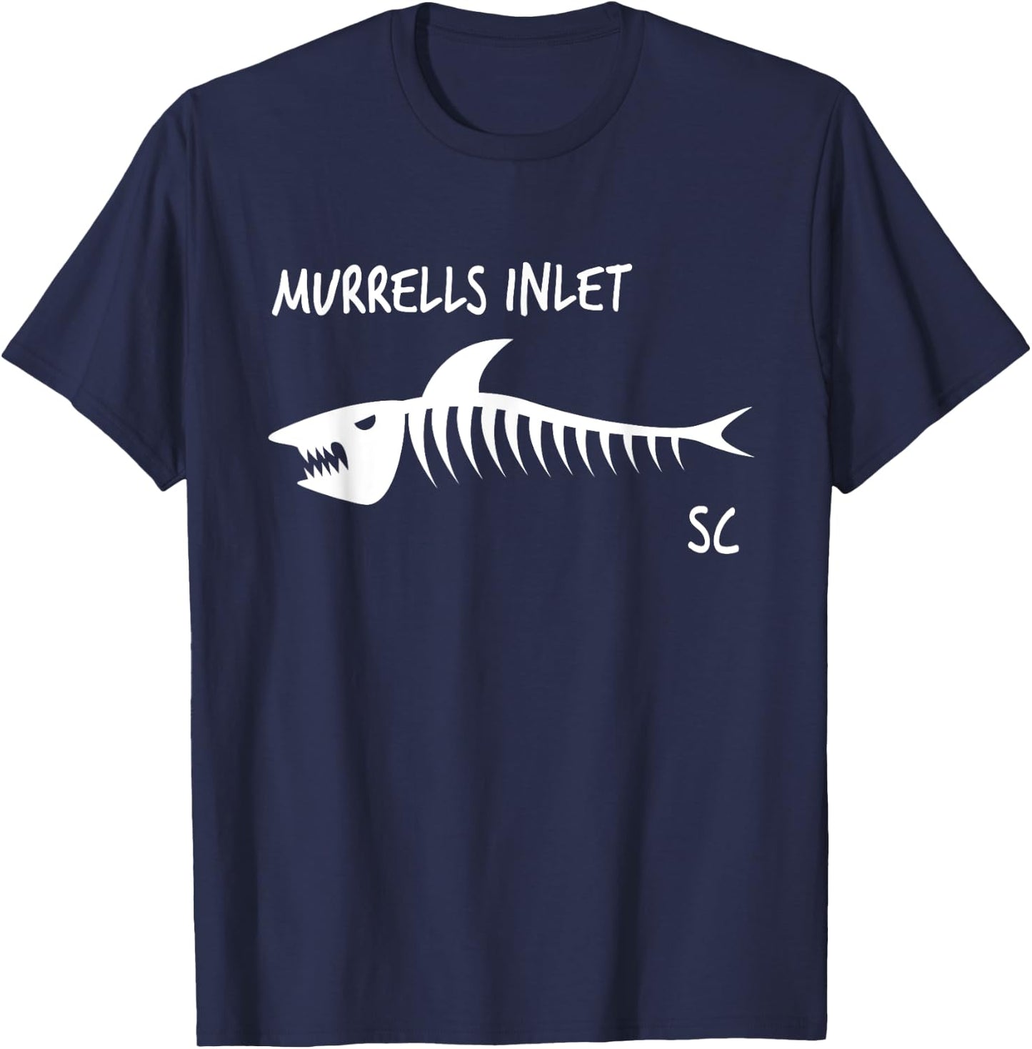 Murrells Inlet SC Shark Skeleton White Print T-Shirt - T-Shirt | Navy