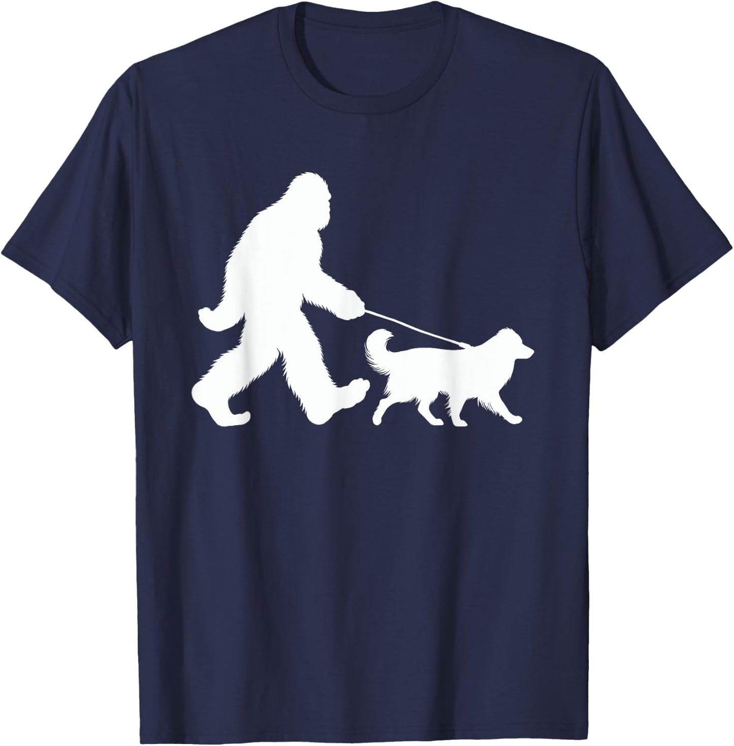 Bigfoot Walking a Dog Funny Australian Shepherd Lovers T-Shirt - T-Shirt | Navy