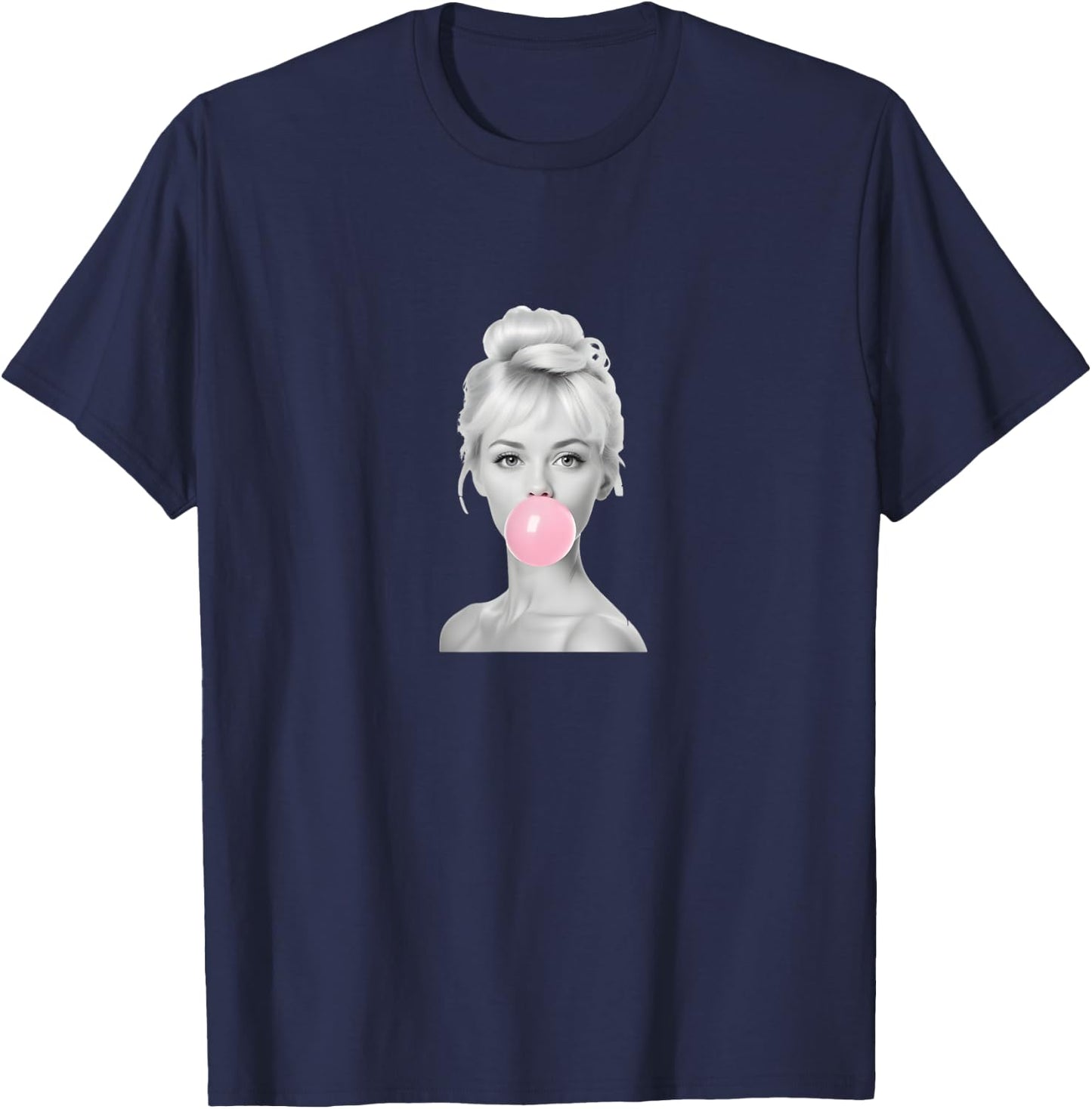 Woman with chewing gum beautiful woman blowing gum bubble T-Shirt - T-Shirt | Navy