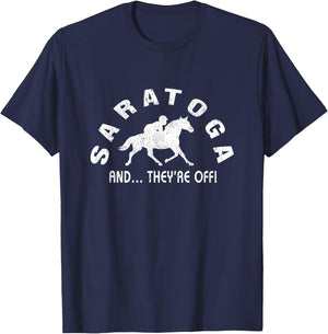 Saratoga Springs NY And They're Off Horse Equestrian Vintage T-Shirt - T-Shirt | Navy