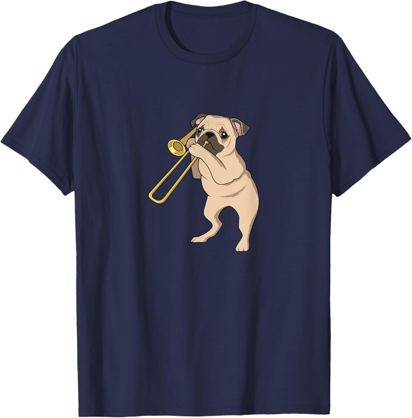 Pug Dog Playing Trombone For Brass Players and Dog Lovers T-Shirt - T-Shirt | Navy