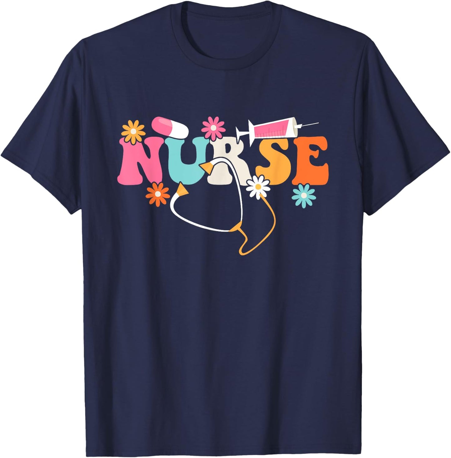 Nurse - Cute Retro Groovy Nurse Flower Nursing T-Shirt - T-Shirt | Navy