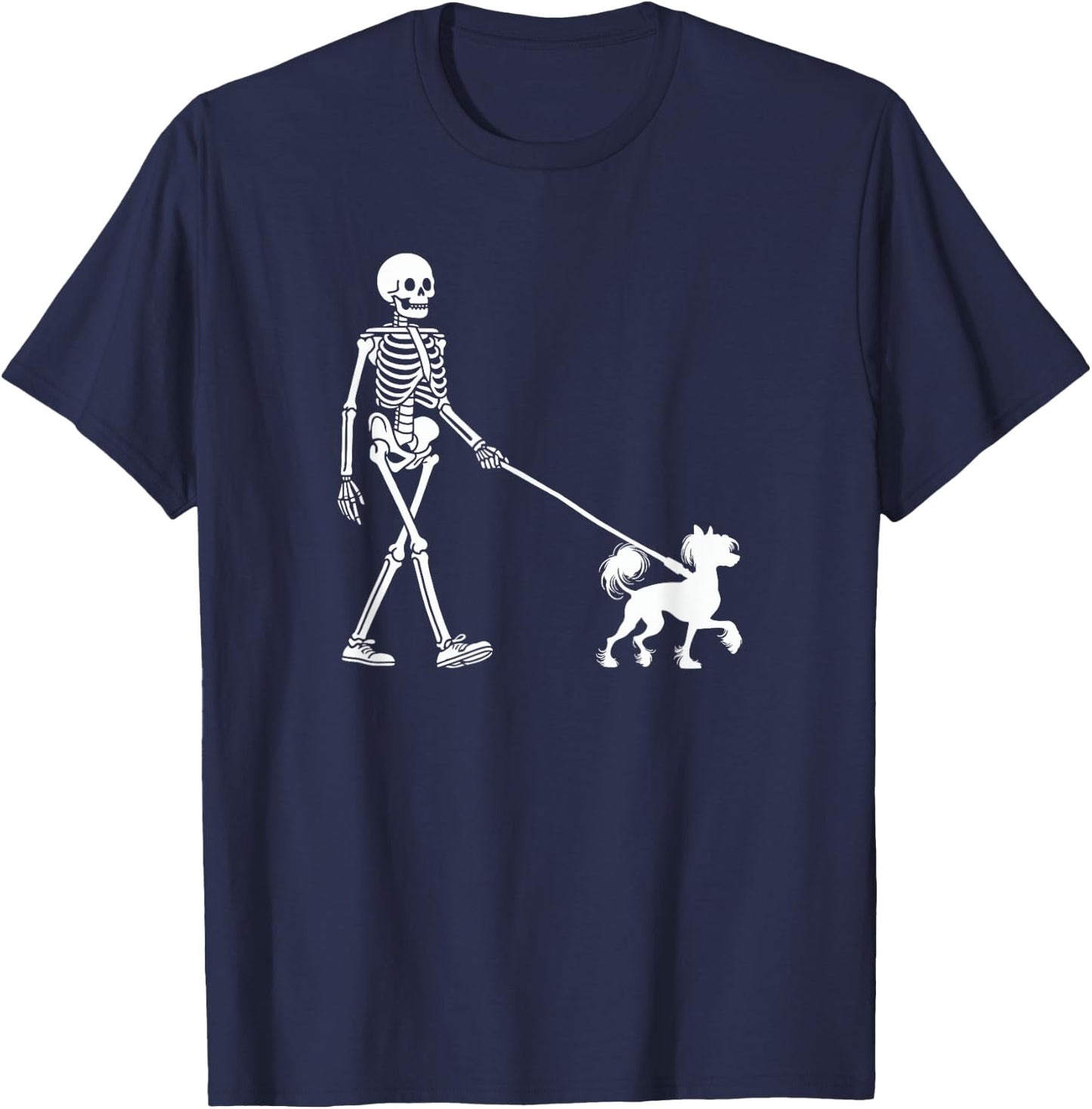 Skeleton Walking a Dog Chinese Crested Dog Halloween Outfit T-Shirt - T-Shirt | Navy