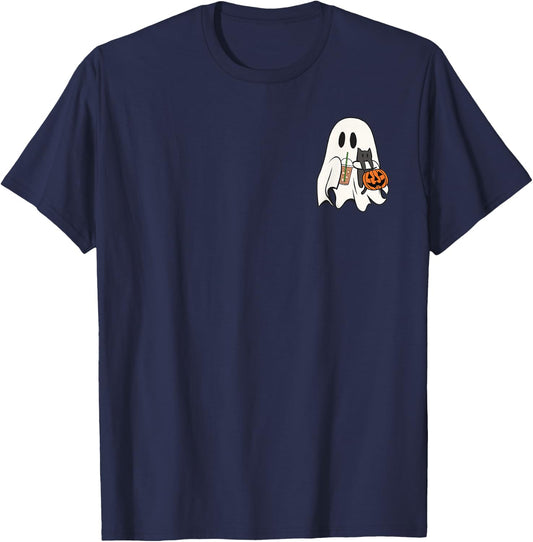 Cute Ghost Cat Iced Coffee Spooky Season Halloween Costume T-Shirt - T-Shirt | Navy