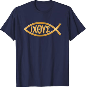 Christian Shirt - Ichthys Jesus Fish Symbol Emblem - Faith T-Shirt - T-Shirt | Navy
