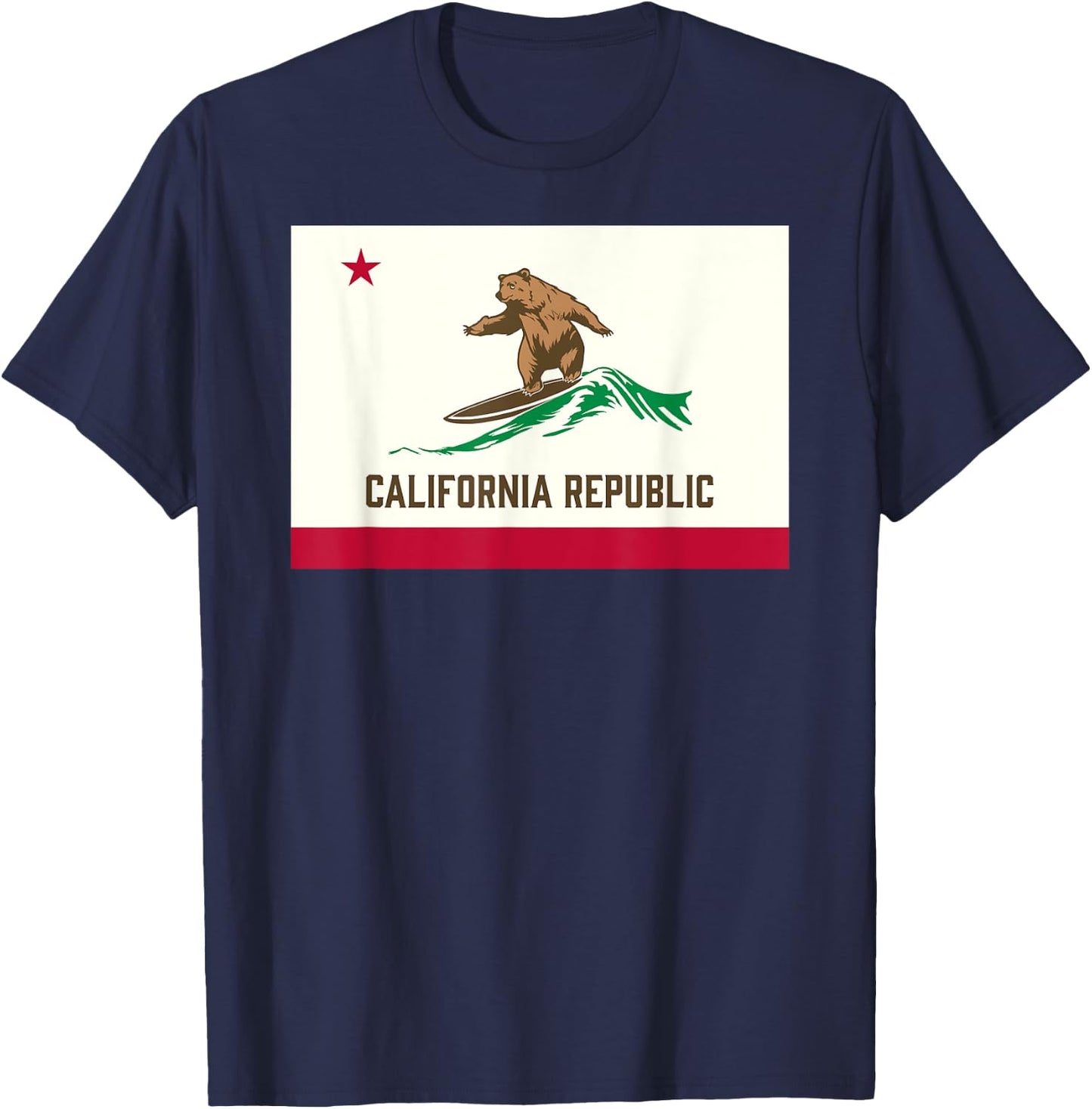 California Republic Bear Surfing-State Flag Inspired Design T-Shirt - T-Shirt | Navy