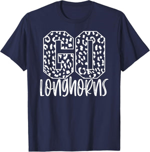 Longhorns Team Mascot School Spirit Game Night Leopard Print T-Shirt - T-Shirt | Navy