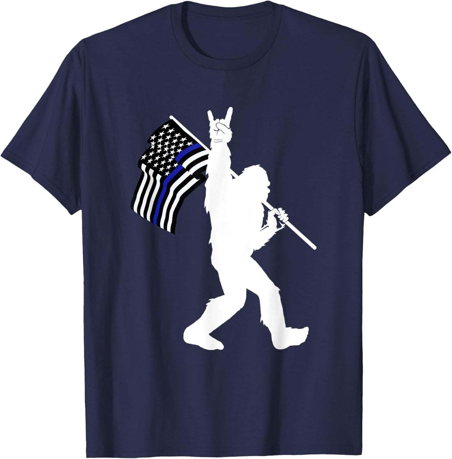 Funny Bigfoot Rock and Roll Thin Blue Line Flag for Police T-Shirt - T-Shirt | Navy