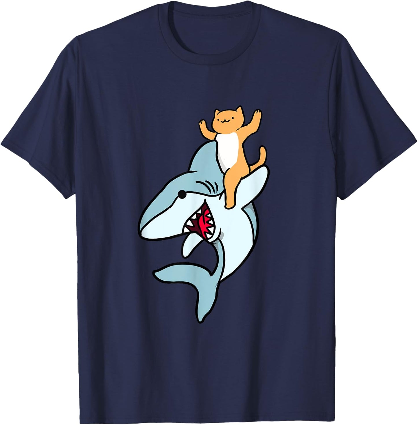 Cat Riding Shark Men Women Kids T-Shirt - T-Shirt | Navy