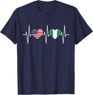 USA Nigeria Shirt Heartbeat America Nigerian Flag Heart T-Shirt - T-Shirt | Navy
