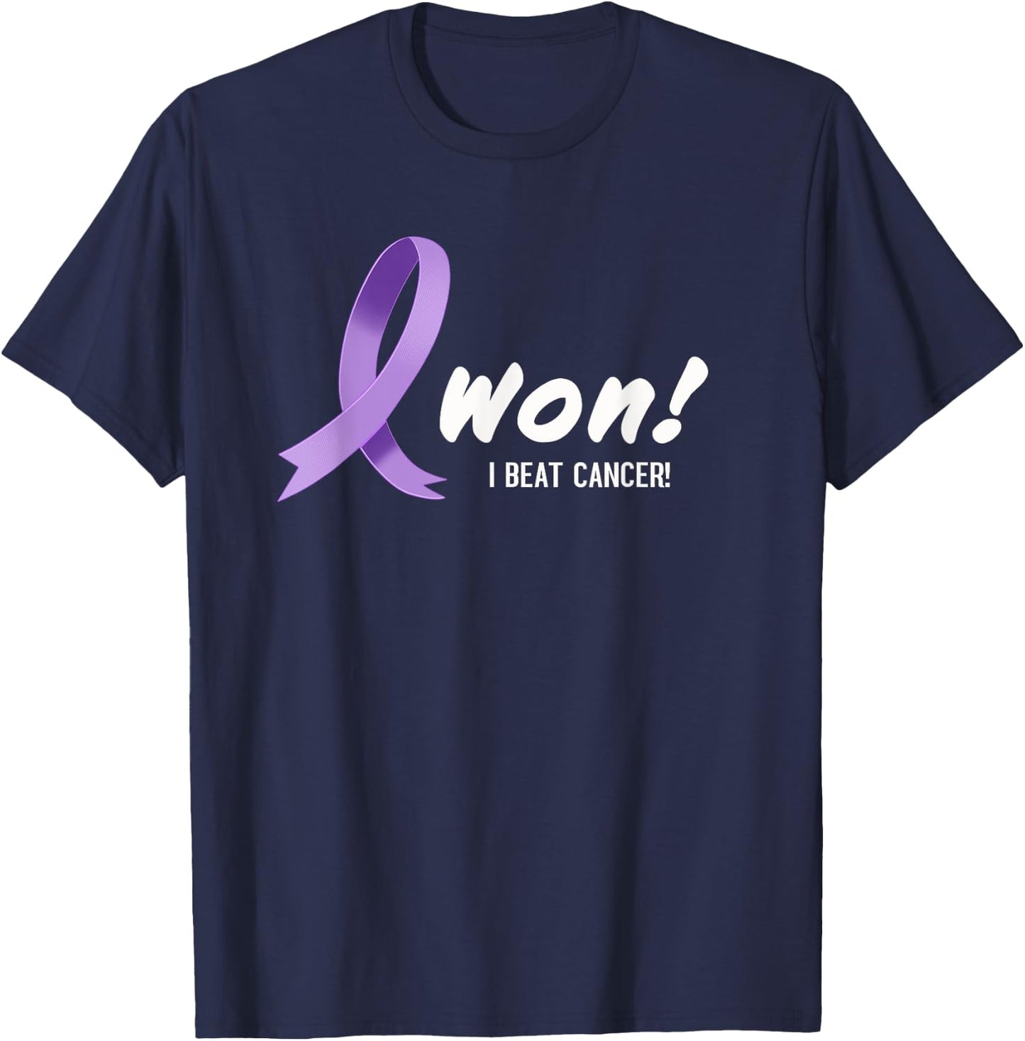 I Beat Cancer, I Won! Lavender Ribbon For All Types Cancer T-Shirt - T-Shirt | Navy