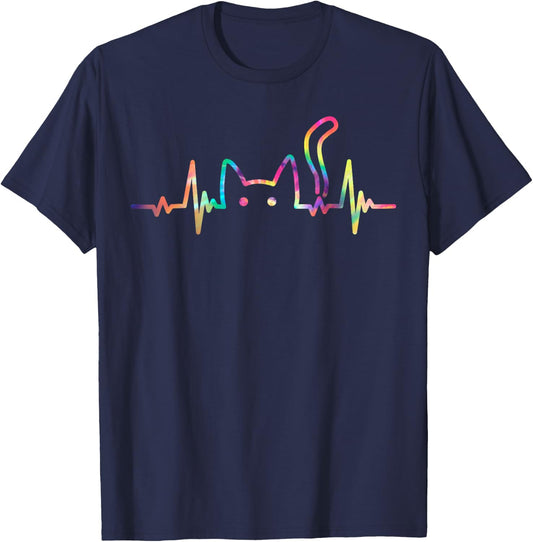 Heartbeat Cat Lover Animal Silhouette Cute Cat Women Girls Kids T-Shirt - T-Shirt | Navy