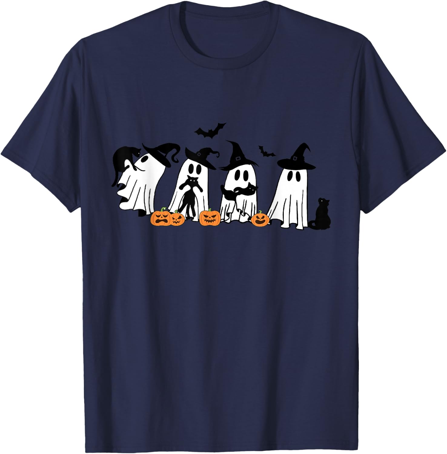 Funny Ghost Holding A Black Cat Halloween Ghost Cat Lovers Women Kids T-Shirt - T-Shirt | Navy