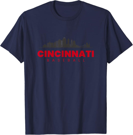 Cincinnati Baseball Vintage City Skyline Baseball Lover T-Shirt - T-Shirt | Navy