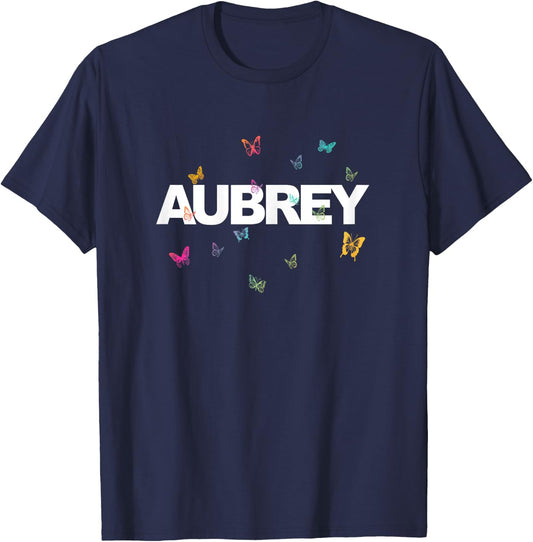 Aubrey - Beautiful Name with colorful Butterflies T-Shirt - T-Shirt | Navy
