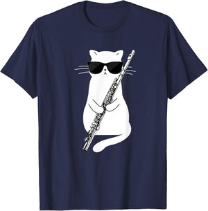 Cat wearing sunglasses playing Flute Women Kids T-Shirt - T-Shirt | Navy