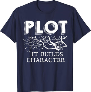 Funny Plot It Builds Character Book Reading Teacher Gift T-Shirt - T-Shirt | Navy