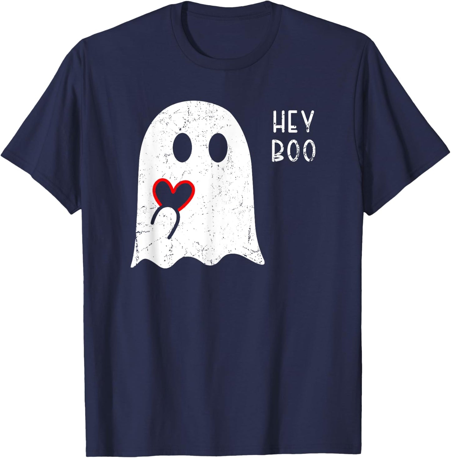 Hey Boo Ghost Heart Hand Sign Cute Halloween Spooky Season T-Shirt - T-Shirt | Navy