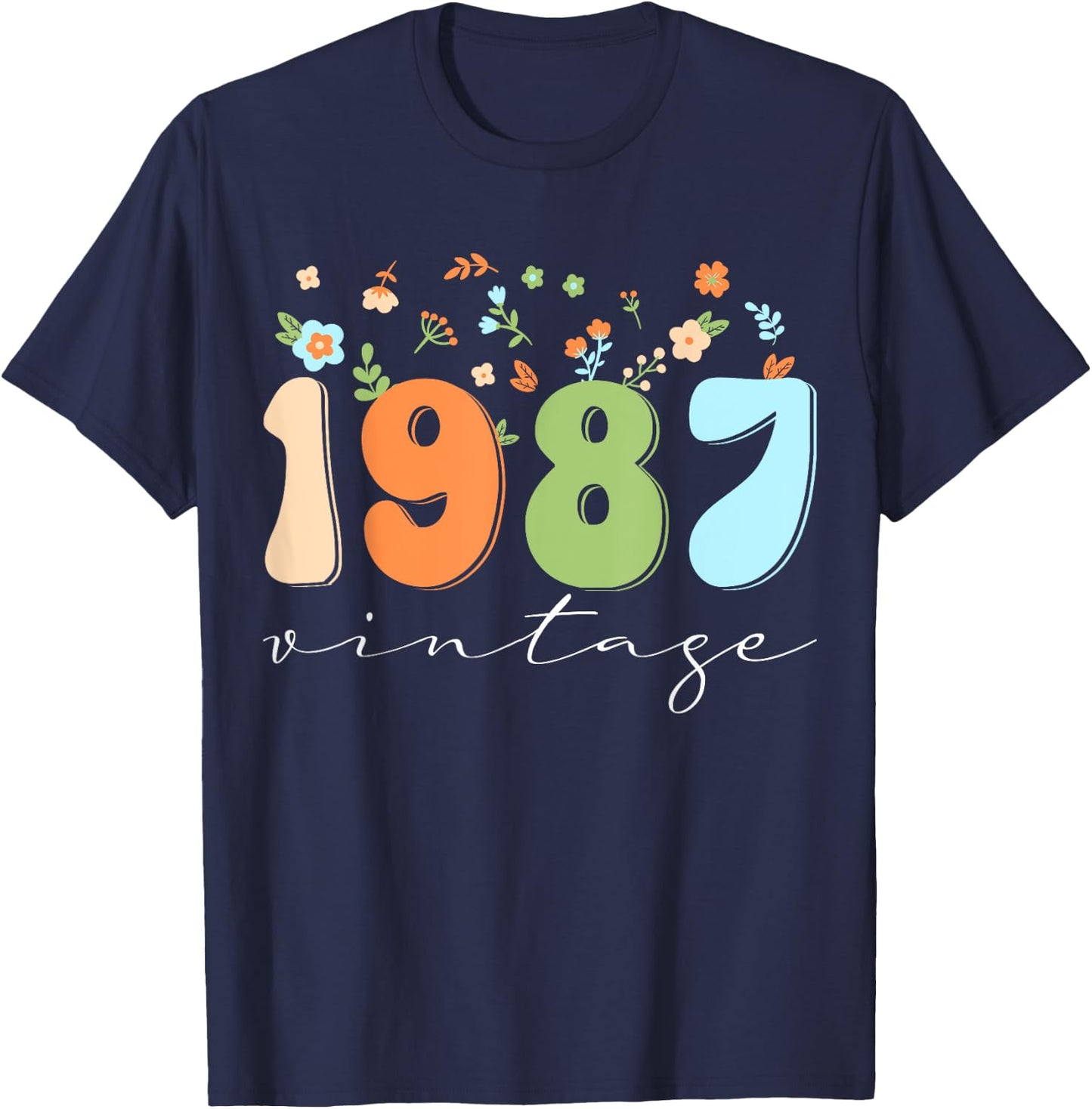 Vintage 1987 Shirt Funny Flower Graphic Retro T-Shirt - T-Shirt | Navy