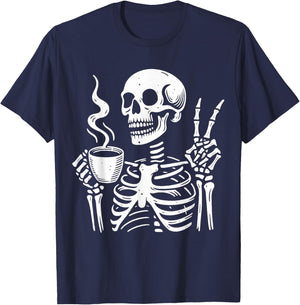 Skeleton Drinking Coffee Gothic Peace Sign Halloween Hippie T-Shirt - T-Shirt | Navy