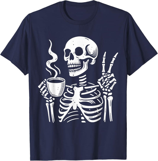 Skeleton Drinking Coffee Gothic Peace Sign Halloween Hippie T-Shirt - T-Shirt | Navy