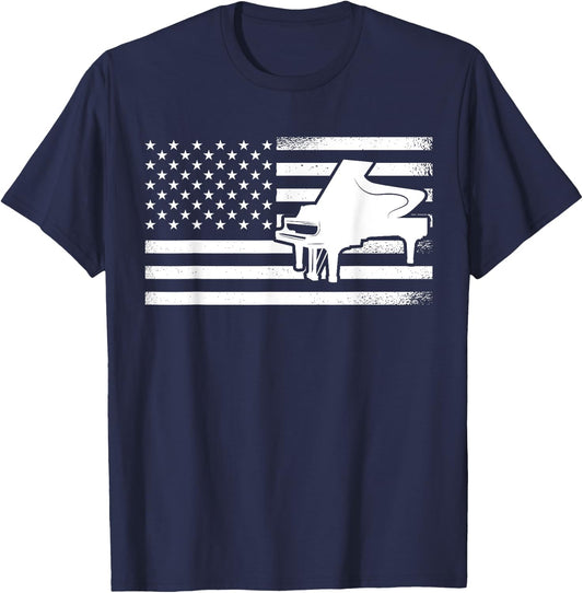 American Flag Pianist Piano T-Shirt - T-Shirt | Navy