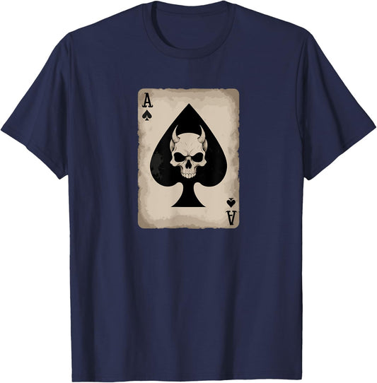 Skull and Devil Horns. Ace of Spades Playing Card. T-Shirt - T-Shirt | Navy
