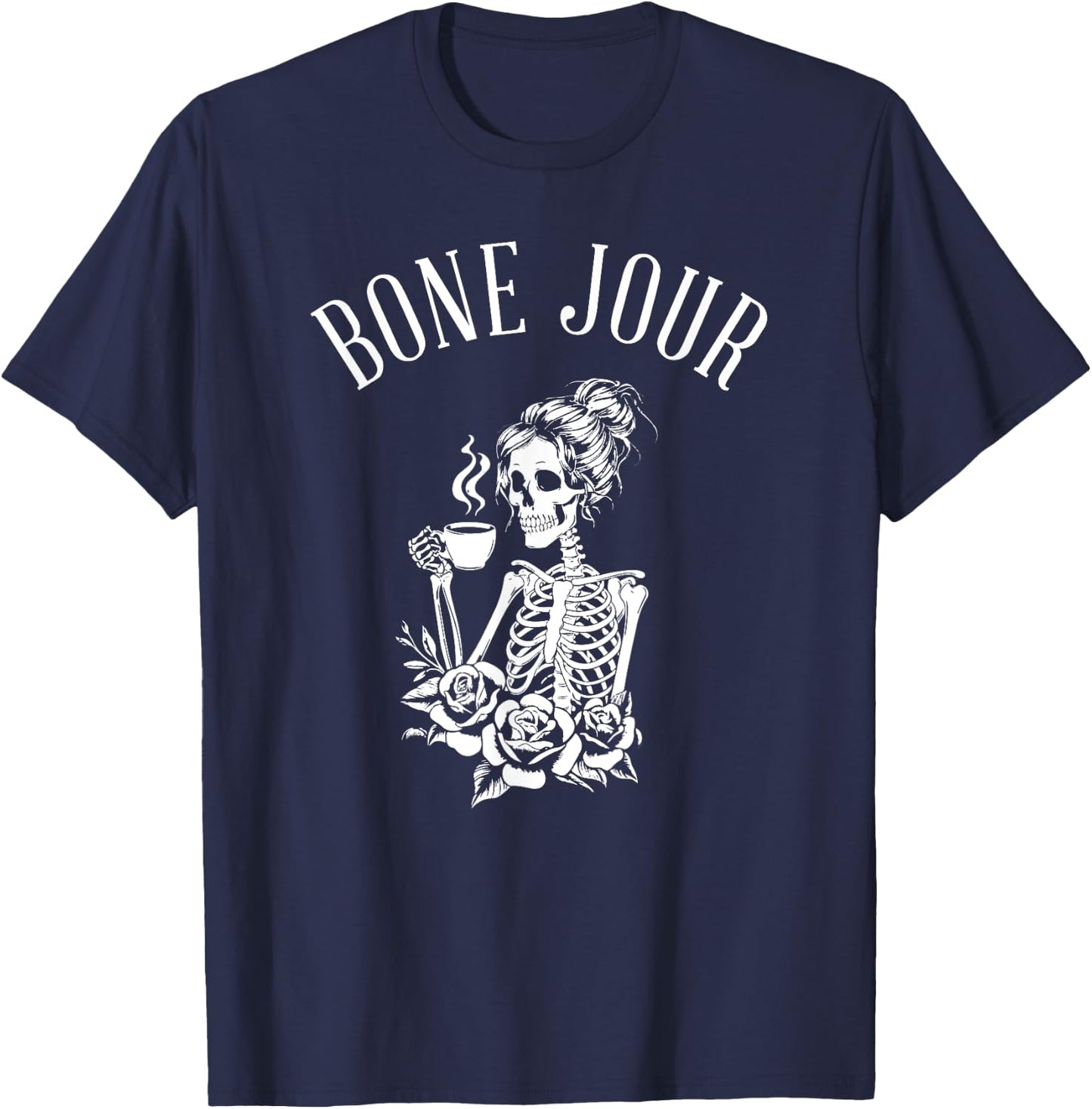 Bone Jour Skeleton Halloween Bon Jour Coffee Drinker T-Shirt - T-Shirt | Navy