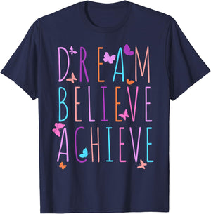 Affirmation Shirt for Girls Butterfly Dream Believe Achieve T-Shirt - T-Shirt | Navy
