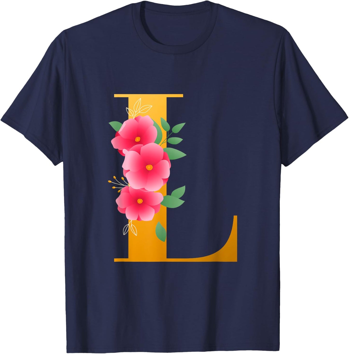 Floral L Alphabet Cute Initial Monogram Letter L Graphic T-Shirt - T-Shirt | Navy