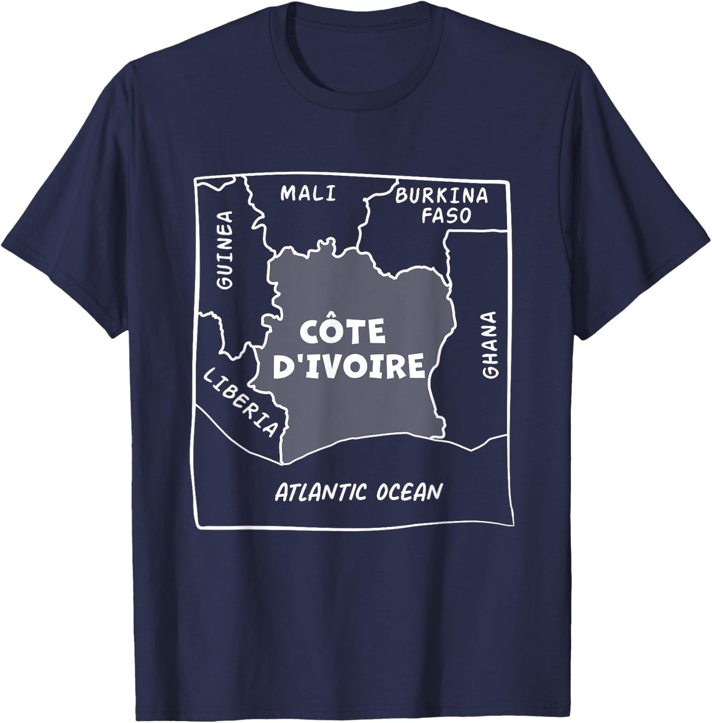 Hand drawn white line political map of Ivory Coast T-Shirt - T-Shirt | Navy