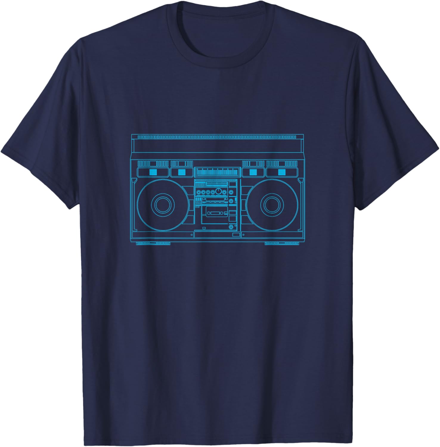 BoomBox Outline In Blue Old Tech Stereo Cassette T-Shirt - T-Shirt | Navy