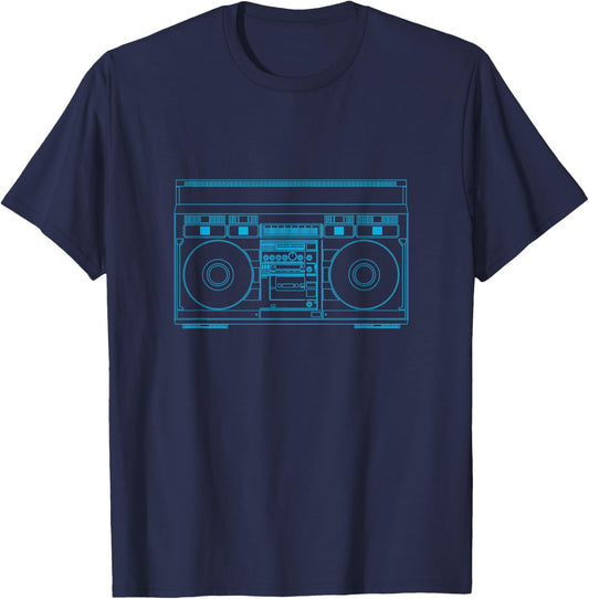 BoomBox Outline In Blue Old Tech Stereo Cassette T-Shirt - T-Shirt | Navy