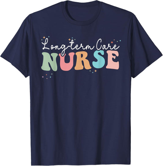 Retro Groovy LTC Nurse Long-Term Care Nurses Day T-Shirt - T-Shirt | Navy