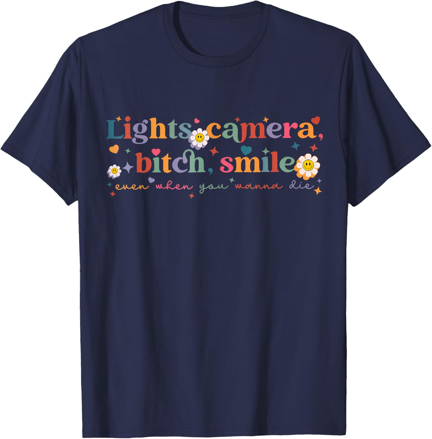 Funny Lights Camera Bit-Ch Smile Retro Girls Women T-Shirt - T-Shirt | Navy