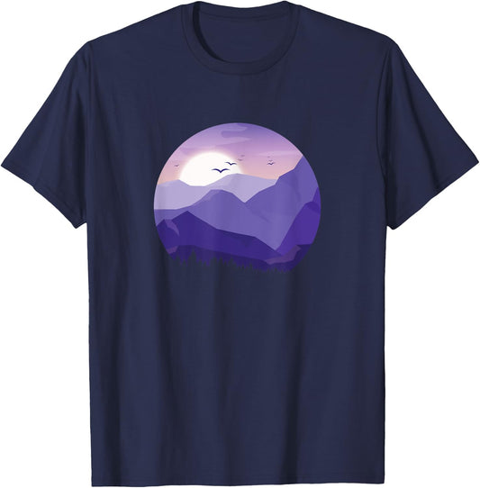 Sunrise Birds Forest Scene Mountain Silhouette T-Shirt - T-Shirt | Navy