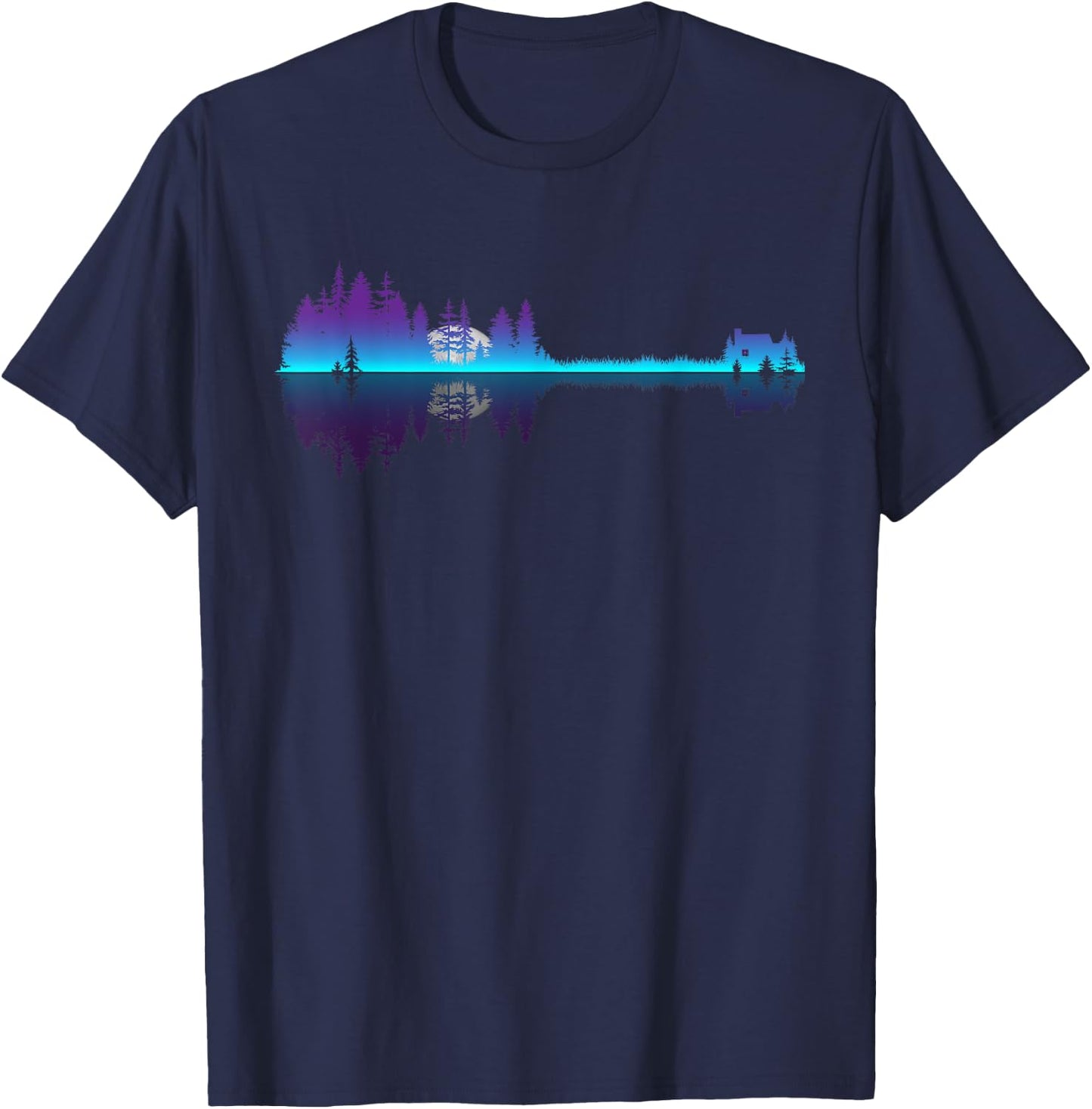 Musician Guitar Shaped Trees Lake Reflection of Cabin Moon T-Shirt - T-Shirt | Navy