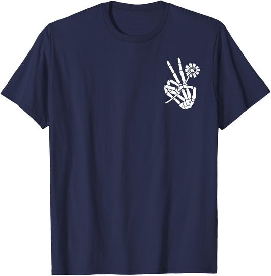 Skeleton Hand Holding Flower Peace Sign Halloween Pocket T-Shirt - T-Shirt | Navy