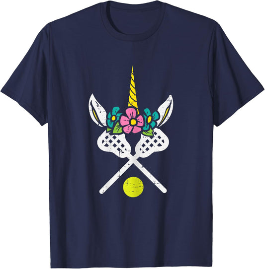 Unicorn Head Lacrosse Funny Lax Sports Women Kids Girls T-Shirt - T-Shirt | Navy