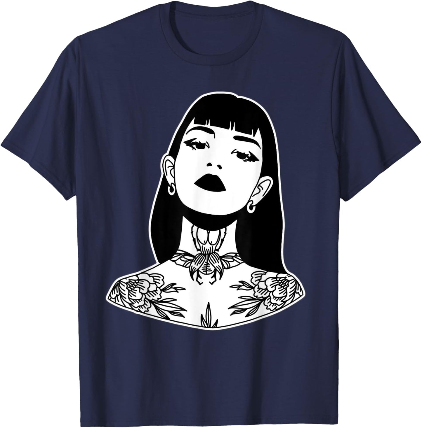 Tattooed Pretty Girl Blackwork T-Shirt - T-Shirt | Navy