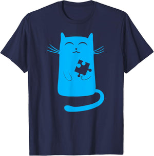 Autism Kitty Cat Illustration Blue Puzzle Piece T-Shirt - T-Shirt | Navy