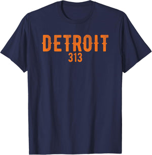 Detroit 313 Orange Text Design Apparel T-Shirt - T-Shirt | Navy